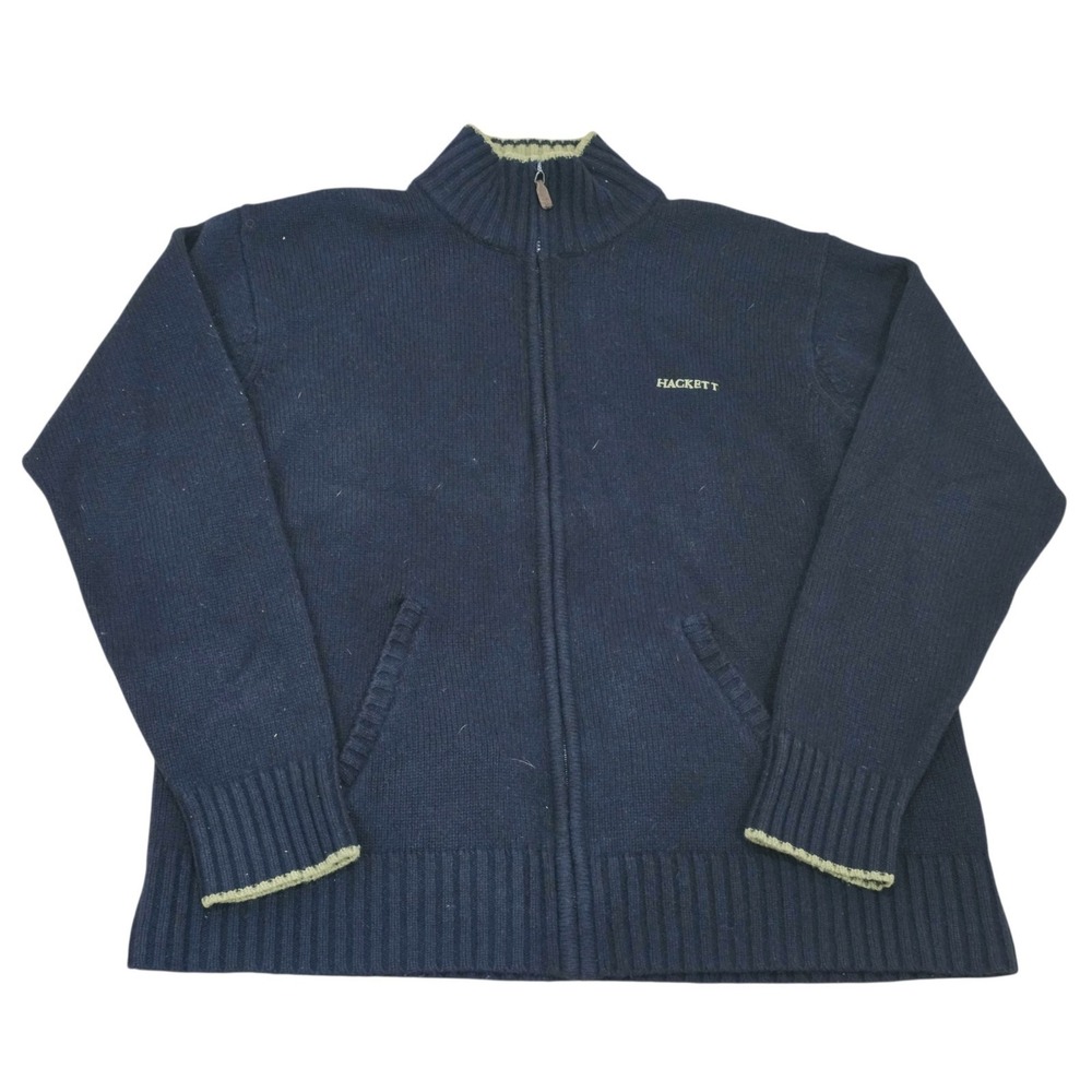 Hackett London Lambswool Full Zip Sweater Men's Large Navy Wool Cardigan Jacket
